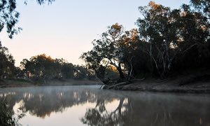 sunlight rises within the Barwon lake in Brewarrina